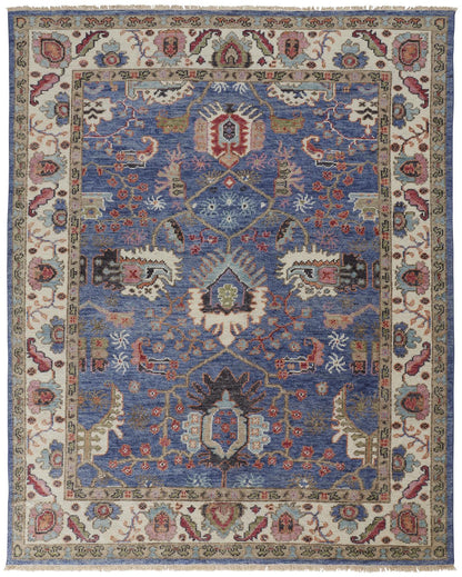 10 x 13 Blue & Red Wool Floral Hand Knotted Stain Resistant Rug