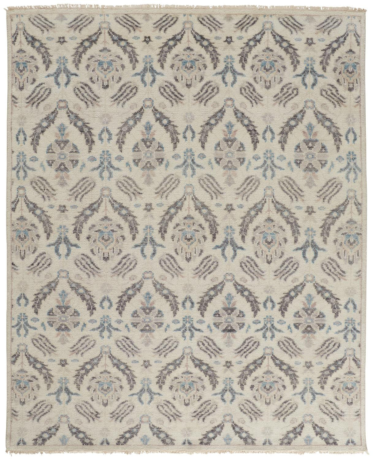 9 x 12 Ivory Gray & Blue Wool Floral Hand Knotted Stain Resistant Rug