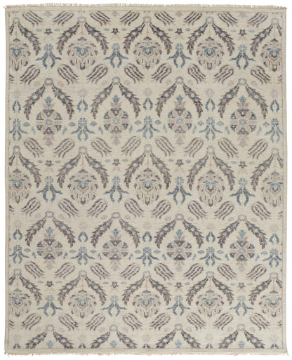 9 x 12 Ivory Gray & Blue Wool Floral Hand Knotted Stain Resistant Rug