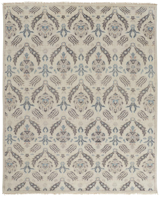 9 x 12 Ivory Gray & Blue Wool Floral Hand Knotted Stain Resistant Rug