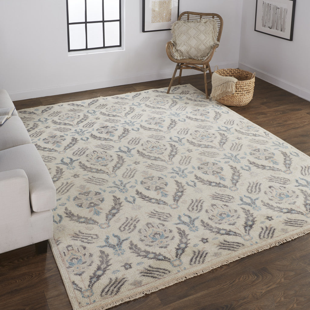 9 x 12 Ivory Gray & Blue Wool Floral Hand Knotted Stain Resistant Rug