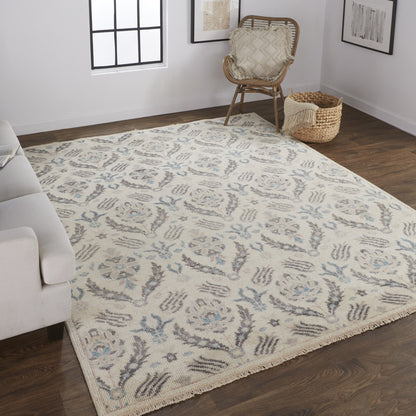 9 x 12 Ivory Gray & Blue Wool Floral Hand Knotted Stain Resistant Rug
