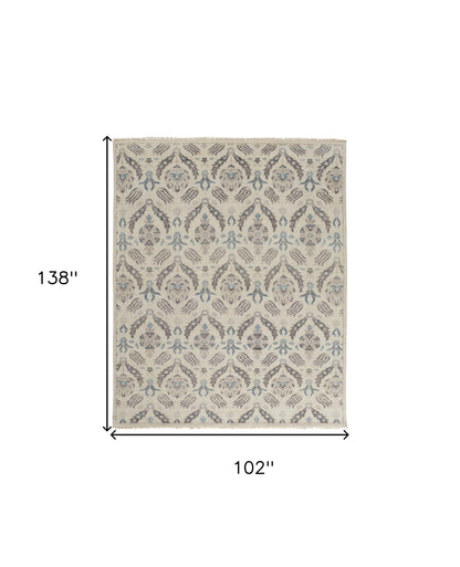 9 x 12 Ivory Gray & Blue Wool Floral Hand Knotted Stain Resistant Rug