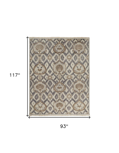 8 x 10 Ivory Gray & Taupe Wool Floral Hand Knotted Stain Resistant Rug