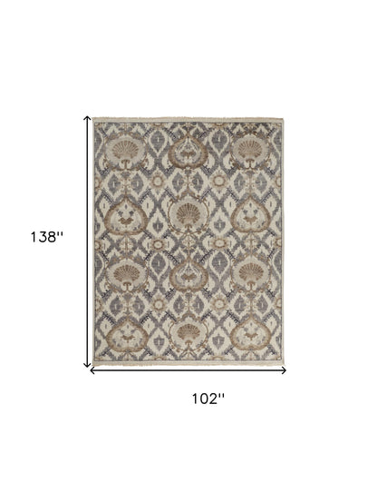 9 x 12 Ivory Gray & Taupe Wool Floral Hand Knotted Stain Resistant Rug