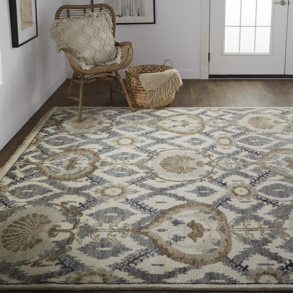 9 x 12 Ivory Gray & Taupe Wool Floral Hand Knotted Stain Resistant Rug