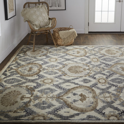 9 x 12 Ivory Gray & Taupe Wool Floral Hand Knotted Stain Resistant Rug