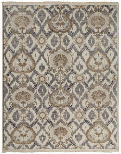 10 x 13 Ivory Gray & Taupe Wool Floral Hand Knotted Stain Resistant Rug