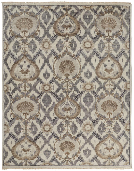 10 x 13 Ivory Gray & Taupe Wool Floral Hand Knotted Stain Resistant Rug
