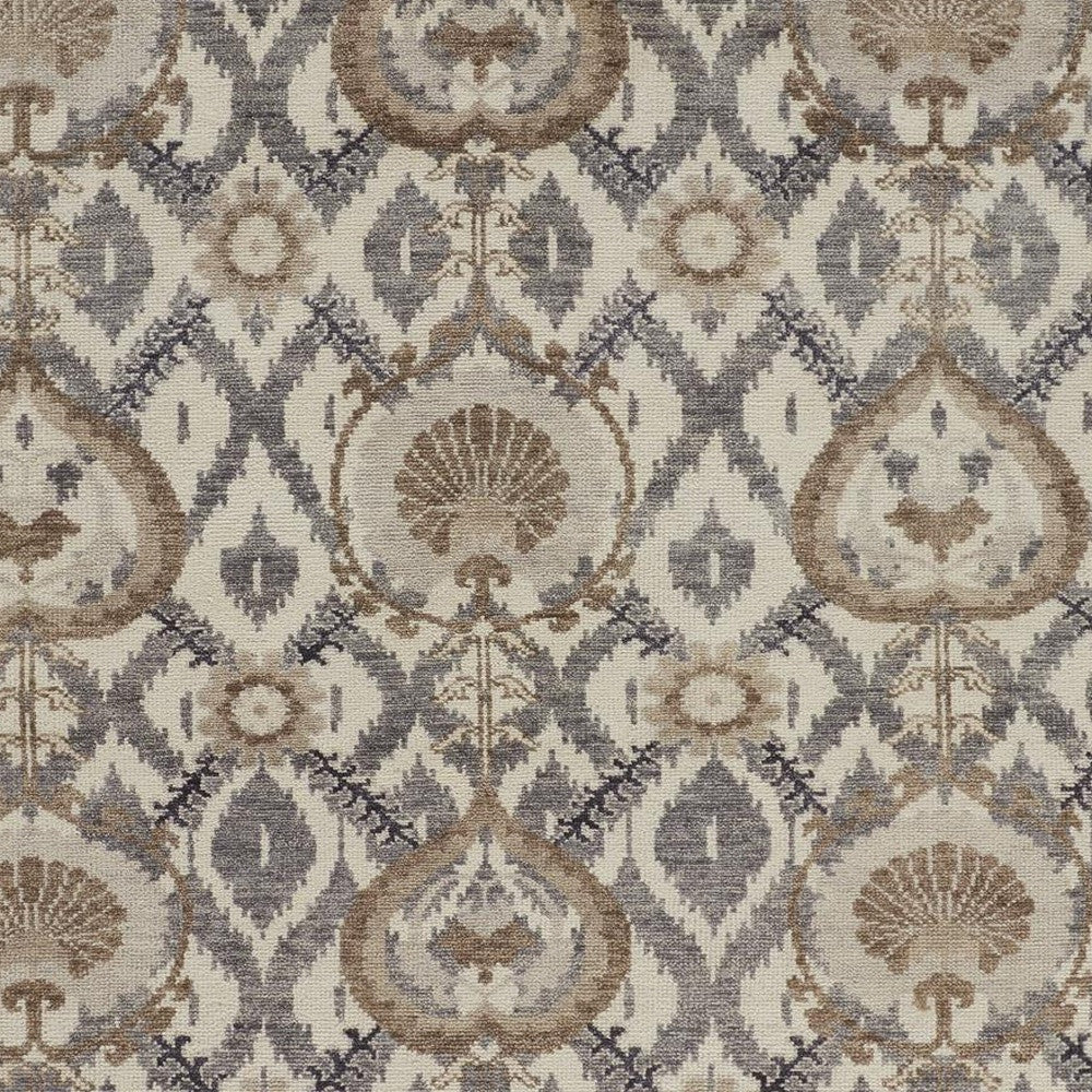 10 x 13 Ivory Gray & Taupe Wool Floral Hand Knotted Stain Resistant Rug