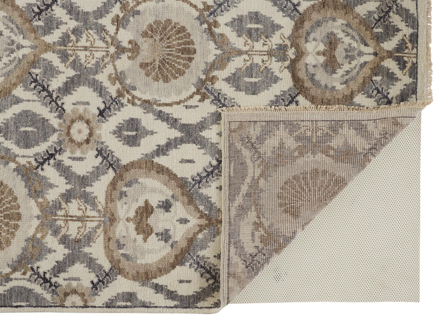 12 x 15 Ivory Gray & Taupe Wool Floral Hand Knotted Stain Resistant Rug
