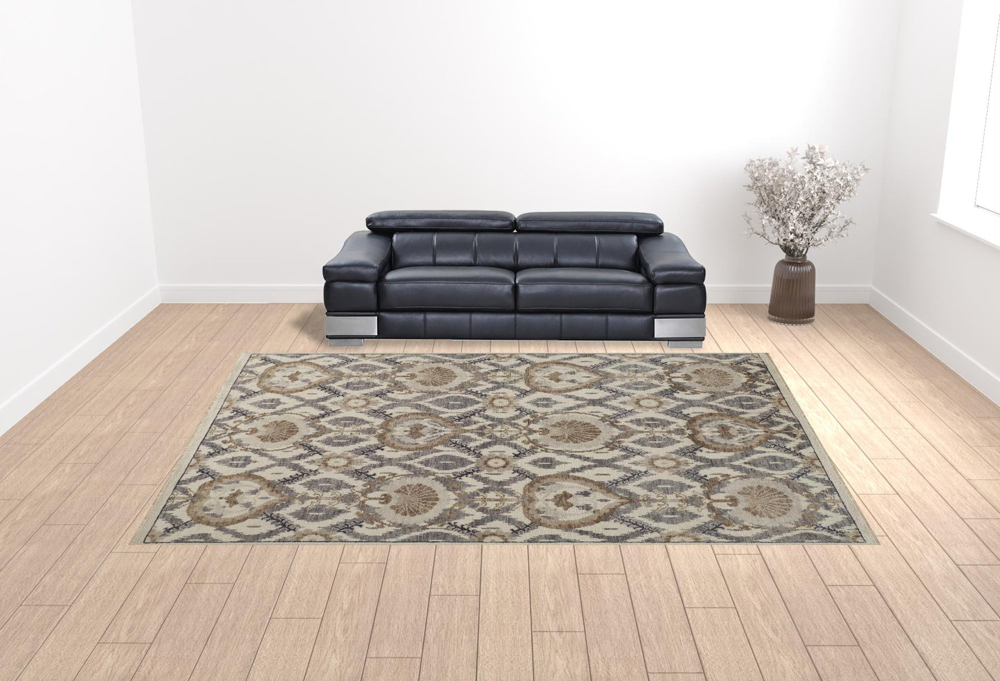 12 x 15 Ivory Gray & Taupe Wool Floral Hand Knotted Stain Resistant Rug