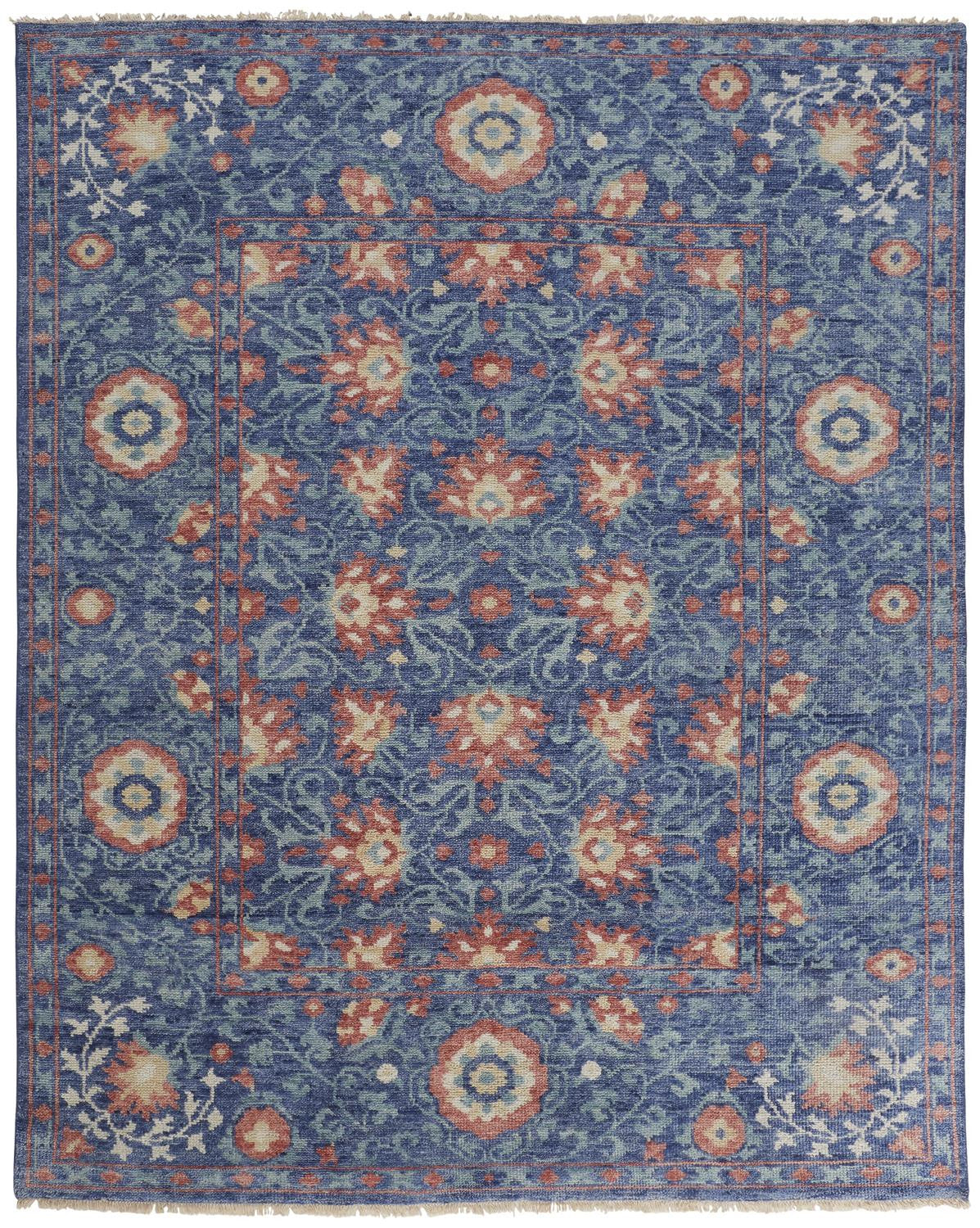 10 x 13 Blue & Red Wool Floral Hand Knotted Stain Resistant Rug