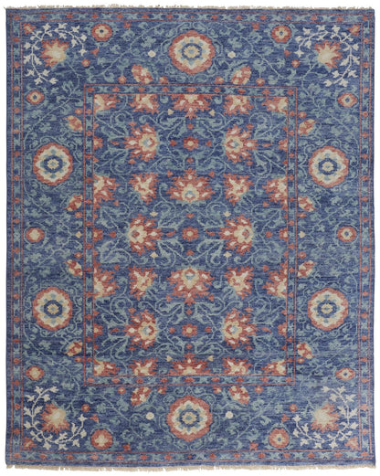 10 x 13 Blue & Red Wool Floral Hand Knotted Stain Resistant Rug