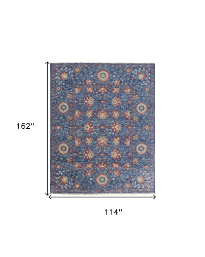 10 x 13 Blue & Red Wool Floral Hand Knotted Stain Resistant Rug