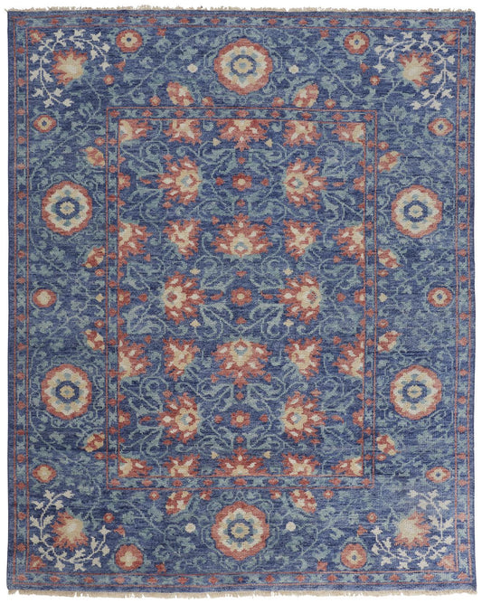 12 x 15 Blue & Red Wool Floral Hand Knotted Stain Resistant Rug