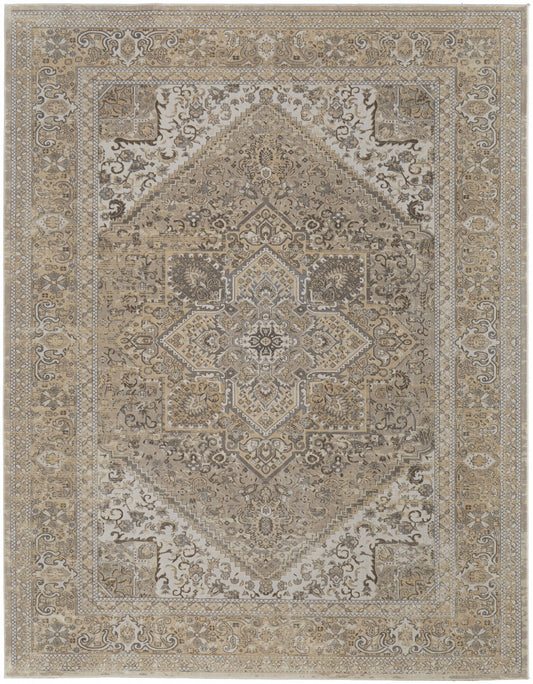 8 x 10 Brown Ivory & Tan Floral Power Loom Distressed Rug