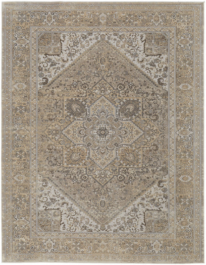 9 x 12 Brown Ivory & Tan Floral Power Loom Distressed Rug