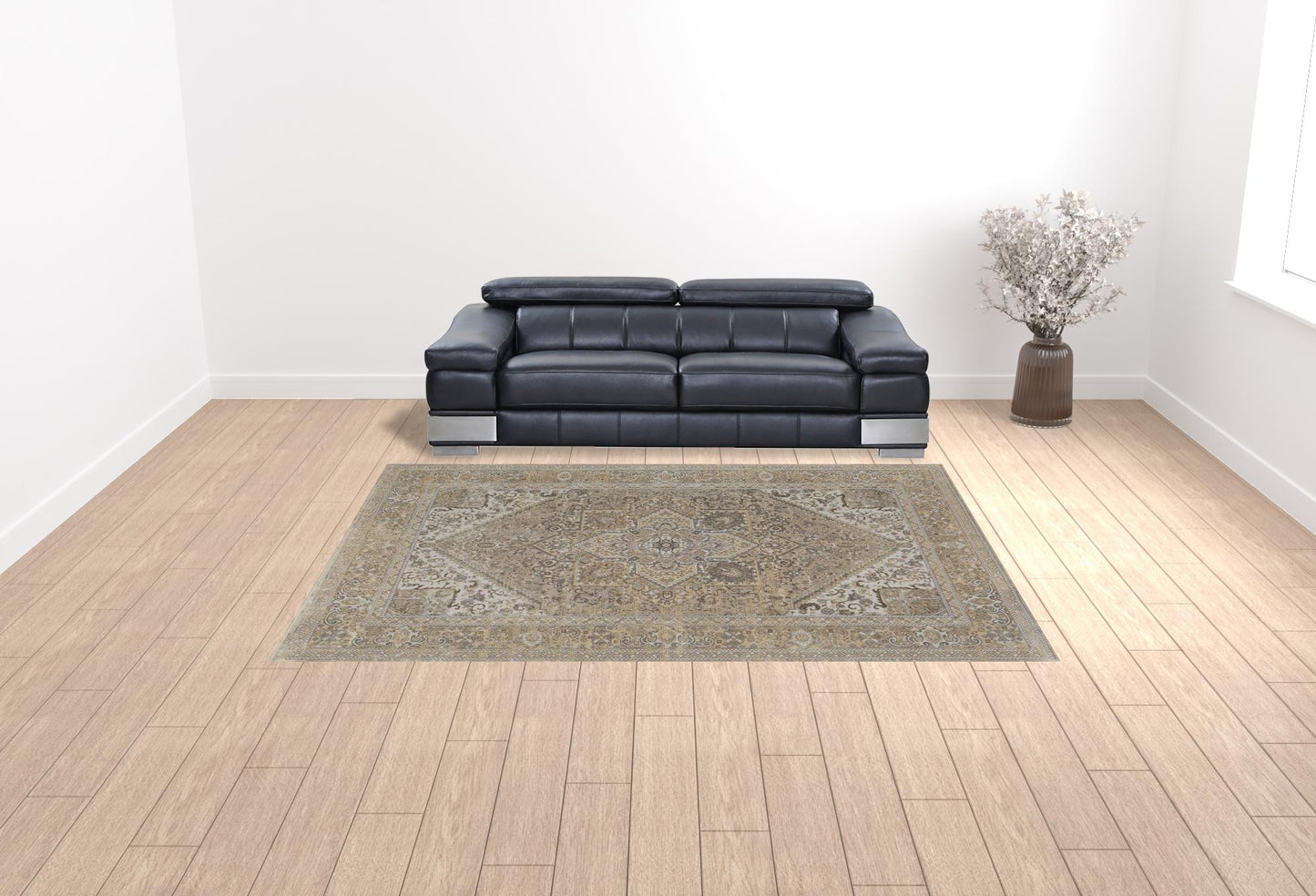 9 x 12 Brown Ivory & Tan Floral Power Loom Distressed Rug