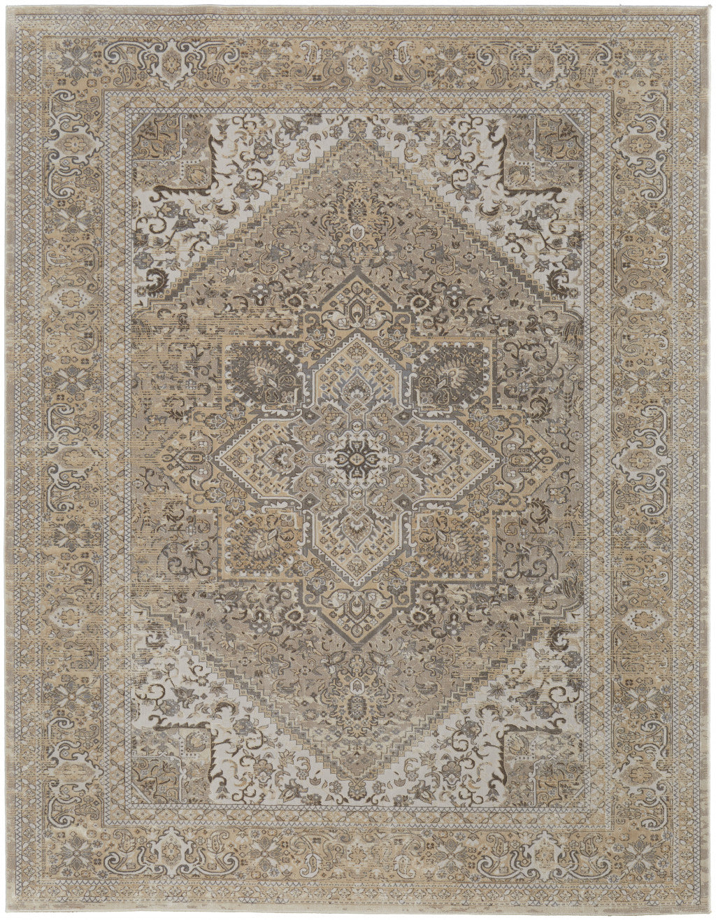 12 x 15 Brown Ivory & Tan Floral Power Loom Distressed Rug