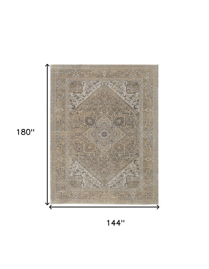 12 x 15 Brown Ivory & Tan Floral Power Loom Distressed Rug