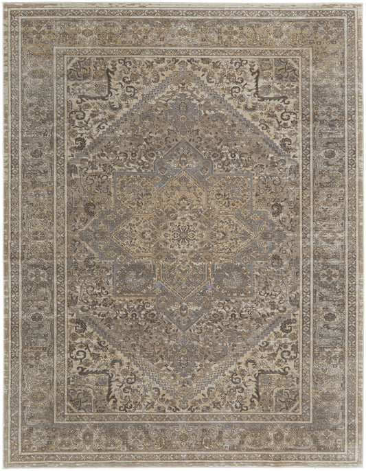 9 x 12 Tan Brown & Ivory Floral Power Loom Distressed Rug