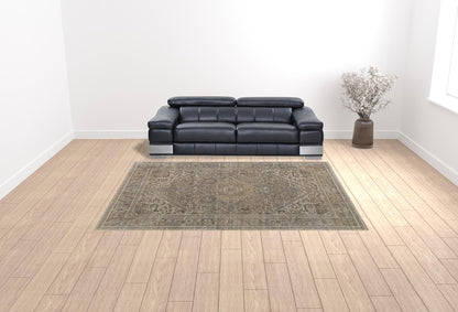 9 x 12 Tan Brown & Ivory Floral Power Loom Distressed Rug