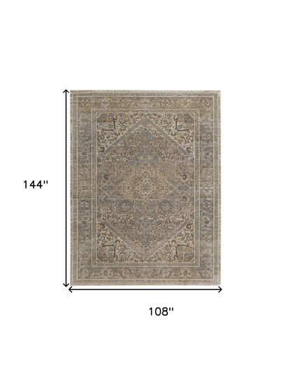 9 x 12 Tan Brown & Ivory Floral Power Loom Distressed Rug