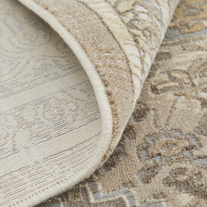 9 x 12 Tan Brown & Ivory Floral Power Loom Distressed Rug
