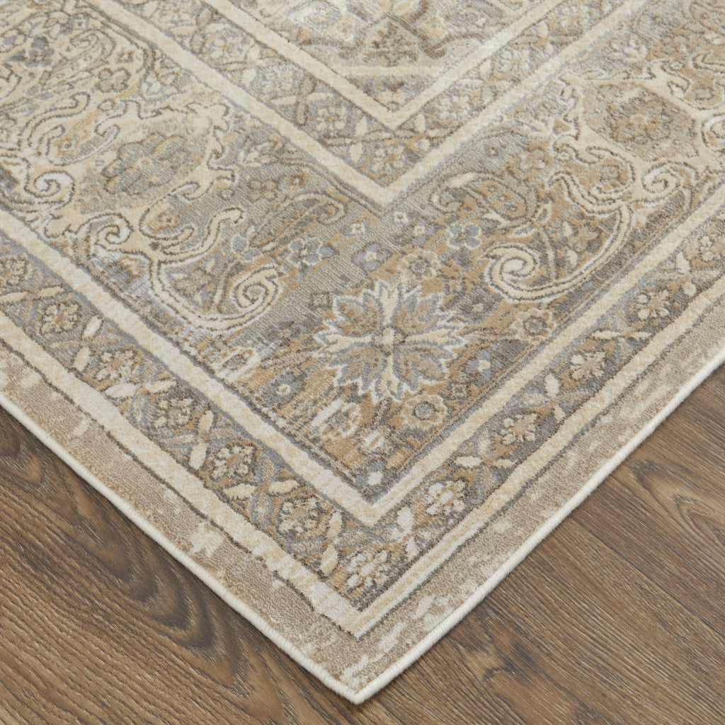 12 x 15 Tan Brown & Ivory Floral Power Loom Distressed Rug