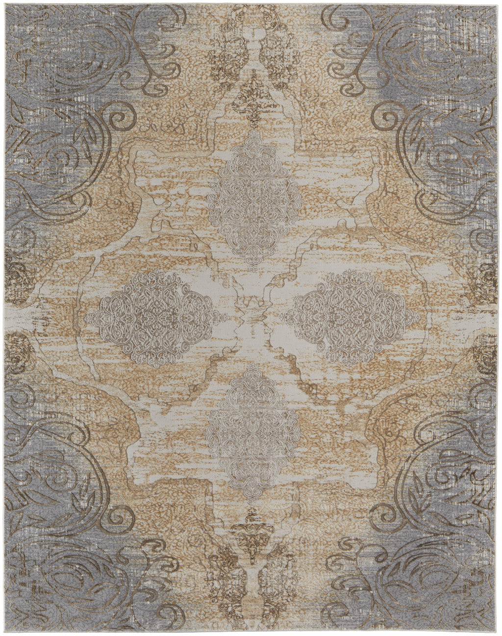 9 x 12 Silver Tan & Gray Floral Power Loom Rug