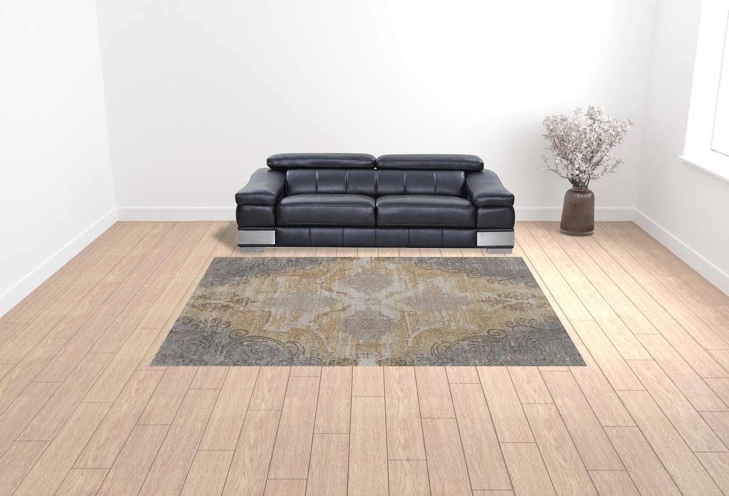 9 x 12 Silver Tan & Gray Floral Power Loom Rug