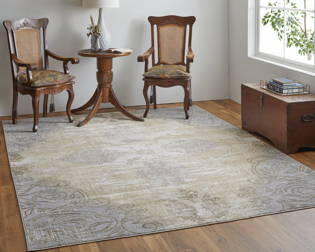 9 x 12 Silver Tan & Gray Floral Power Loom Rug