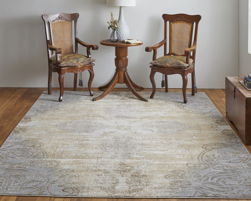 9 x 12 Silver Tan & Gray Floral Power Loom Rug