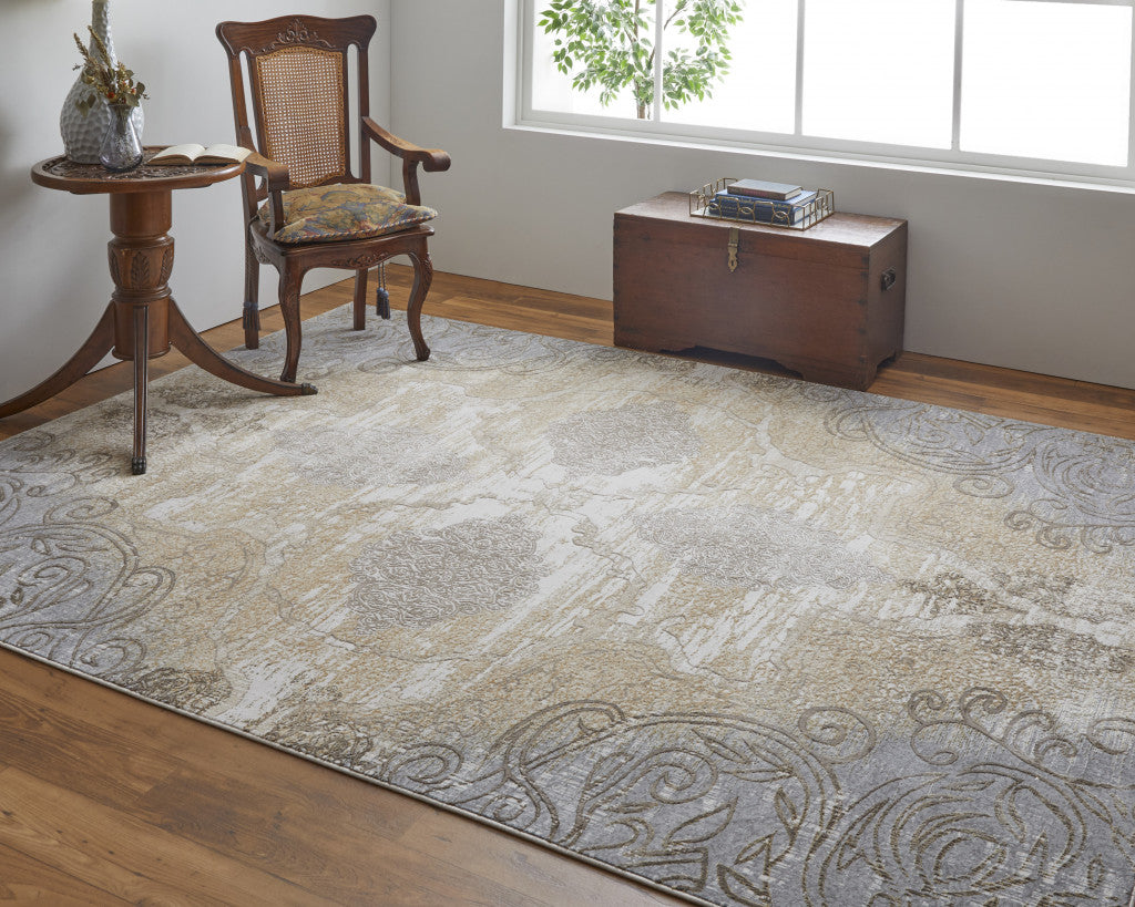 9 x 12 Silver Tan & Gray Floral Power Loom Rug