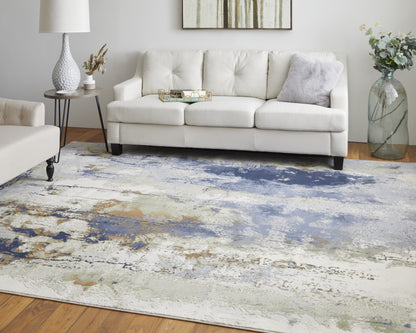 10 x 13 Blue Orange & Ivory Power Loom Rug
