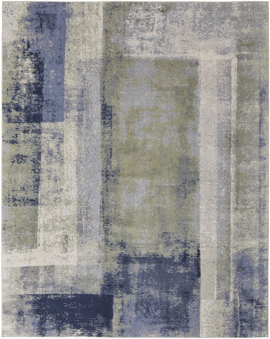 10 x 13 Blue Green & Ivory Power Loom Distressed Rug