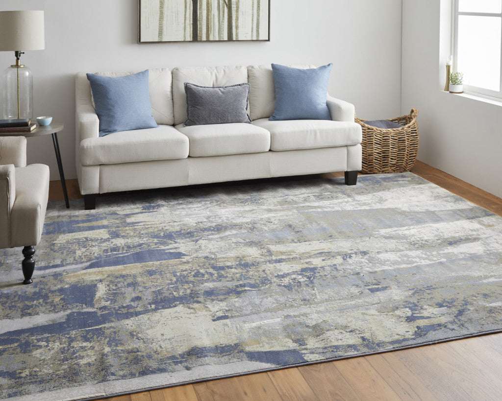 10 x 13 Blue Gray & Tan Power Loom Distressed Rug