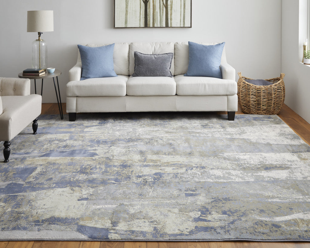 10 x 13 Blue Gray & Tan Power Loom Distressed Rug