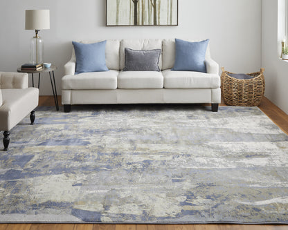 10 x 13 Blue Gray & Tan Power Loom Distressed Rug