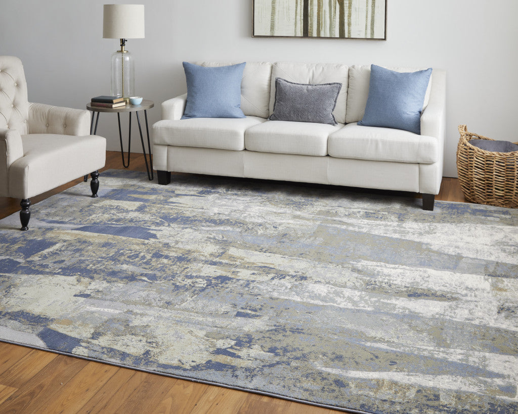 10 x 13 Blue Gray & Tan Power Loom Distressed Rug