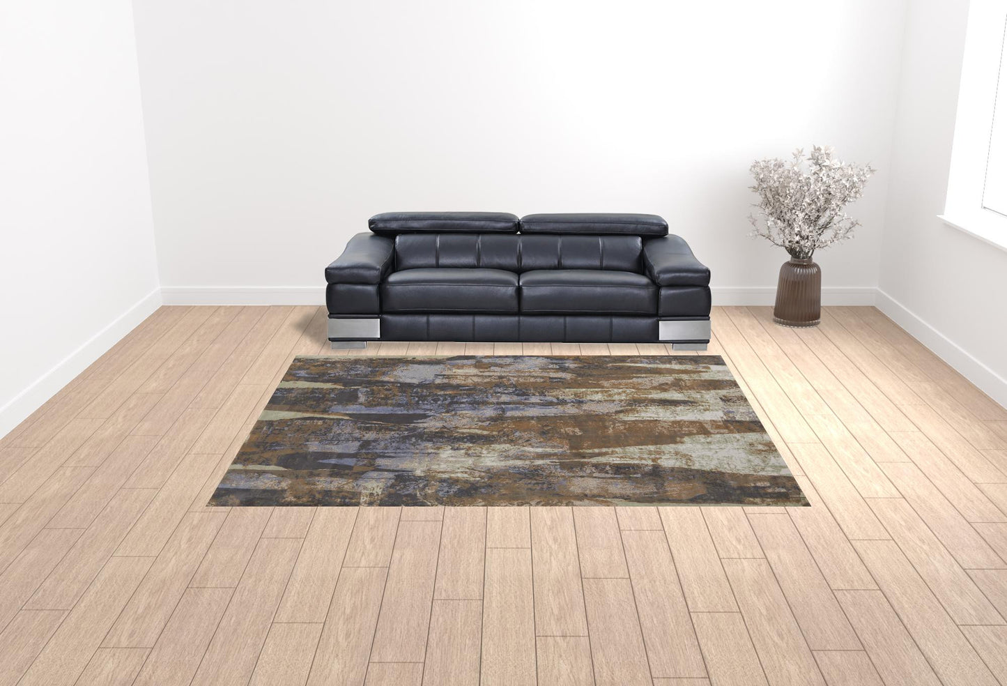 9 x 12 Brown Blue & Ivory Power Loom Distressed Rug
