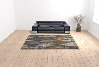 9 x 12 Brown Blue & Ivory Power Loom Distressed Rug