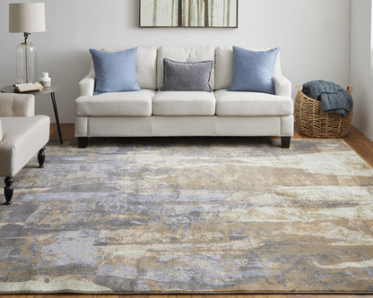 10 x 13 Brown Blue & Ivory Power Loom Distressed Rug