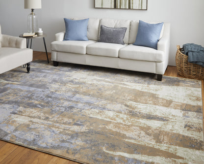 10 x 13 Brown Blue & Ivory Power Loom Distressed Rug