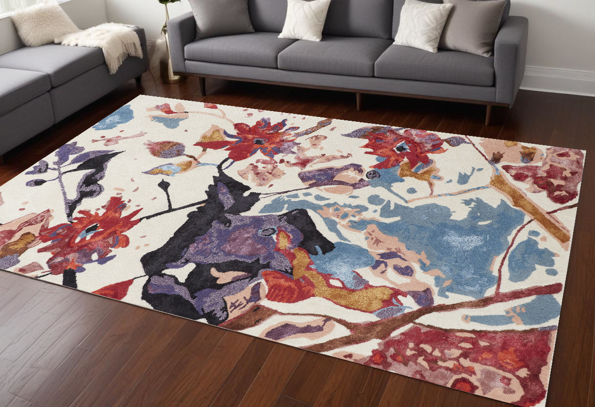 9 x 12 Blue & Red Floral Hand Tufted Rug