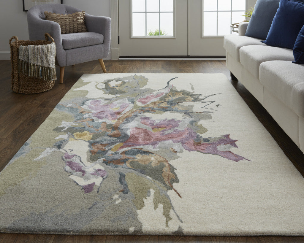 9 x 12 Pink & Green Wool Floral Hand Tufted Rug