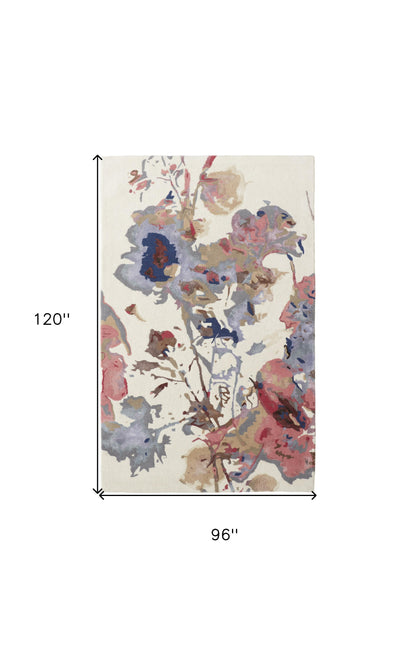 8 x 10 Ivory & Blue Wool Floral Hand Tufted Rug