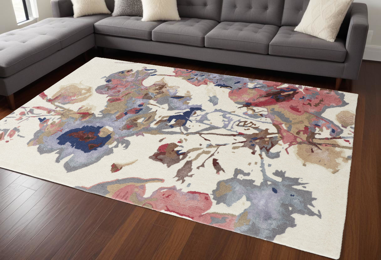 8 x 10 Ivory & Blue Wool Floral Hand Tufted Rug