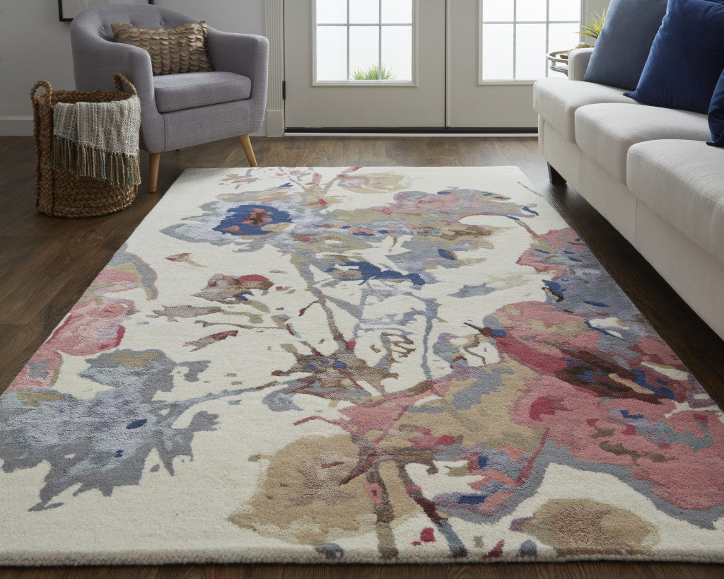 9 x 12 Ivory & Blue Wool Floral Hand Tufted Rug